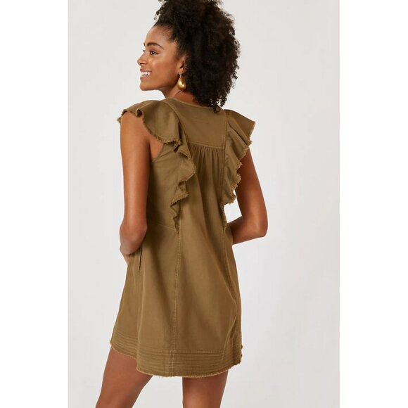 Pilcro x Anthropologie Flutter-Sleeve Buttondown Tunic Dress in Moss - Picture 3 of 16